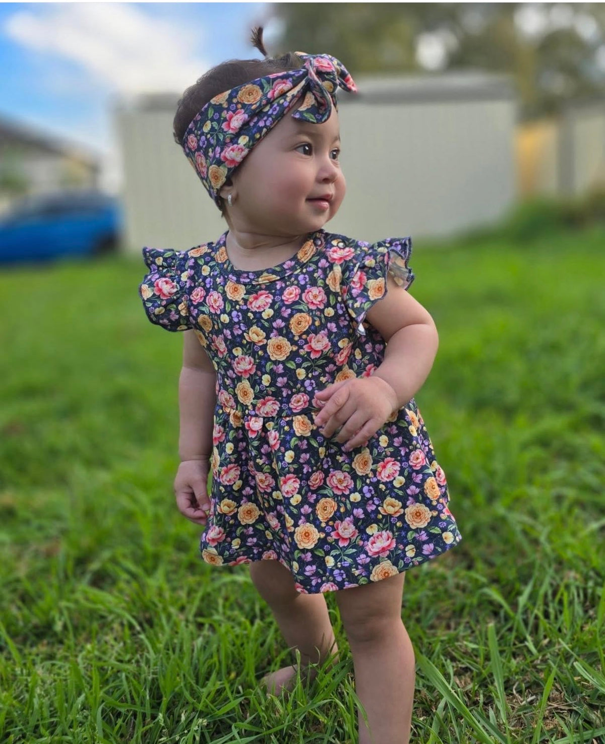 Navy Floral Organic Dress with Nappy Underbody