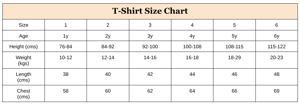 T-shirt size chart for children with age, height, weight, length, and chest measurements.