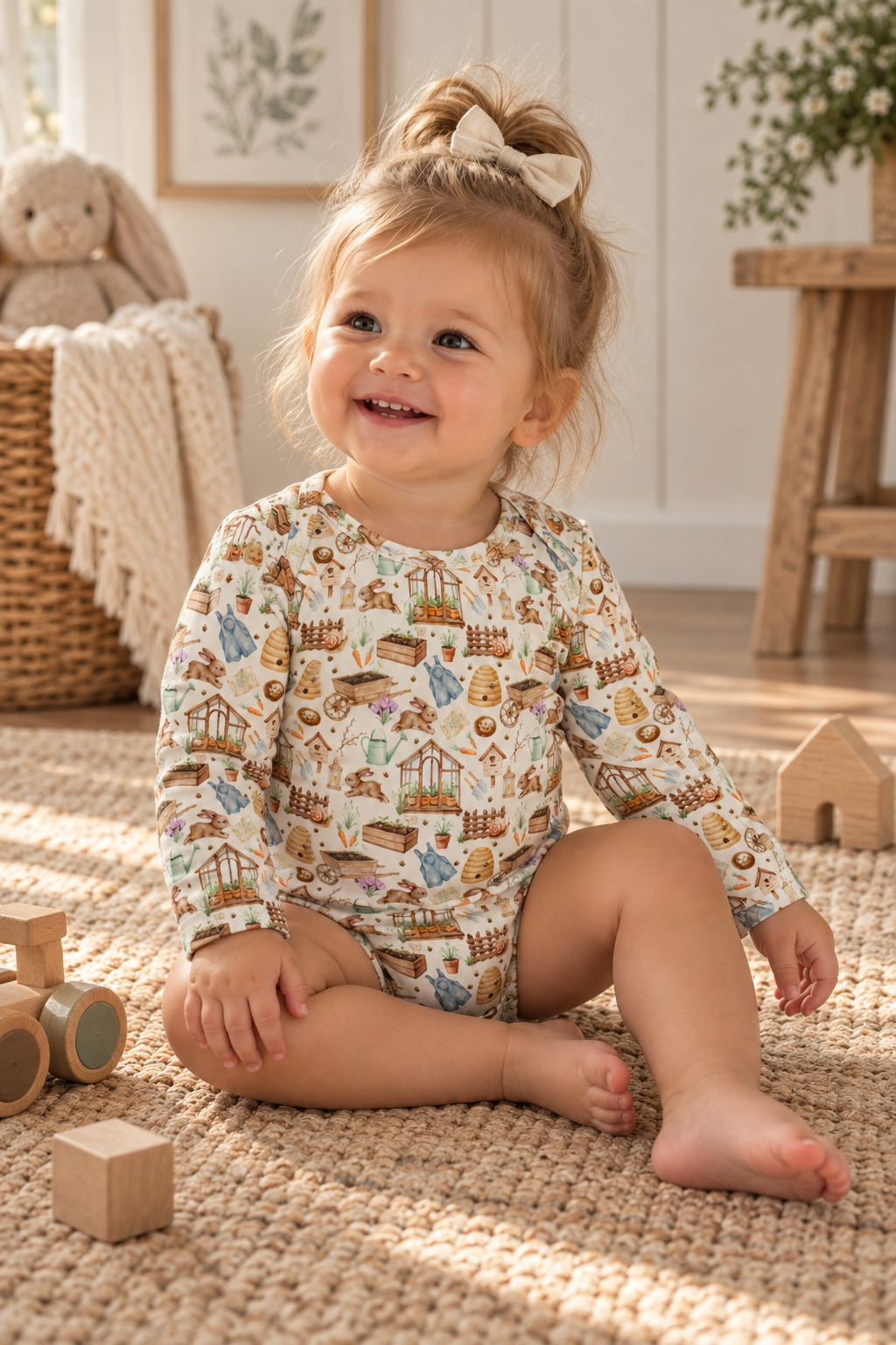 A girl in Little Acres co long sleeve body suit in the garden print