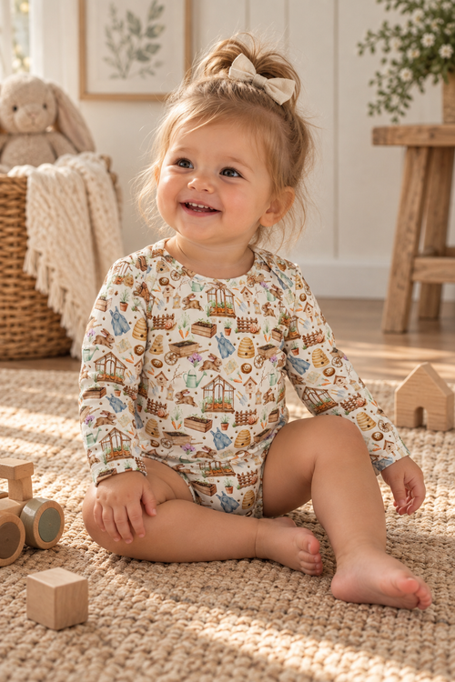 A girl in Little Acres co long sleeve body suit in the garden print