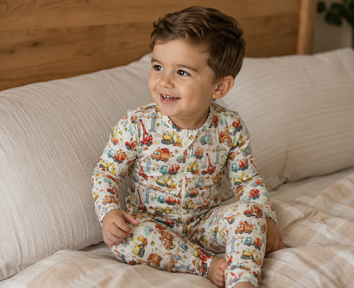 A smiling toddler sits on a bed wearing Little Acres Co GOTS Organic Cotton growsuit 