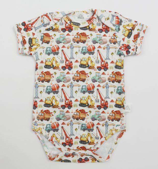Little Acres Co construction print baby bodysuit in GOTS organic cotton