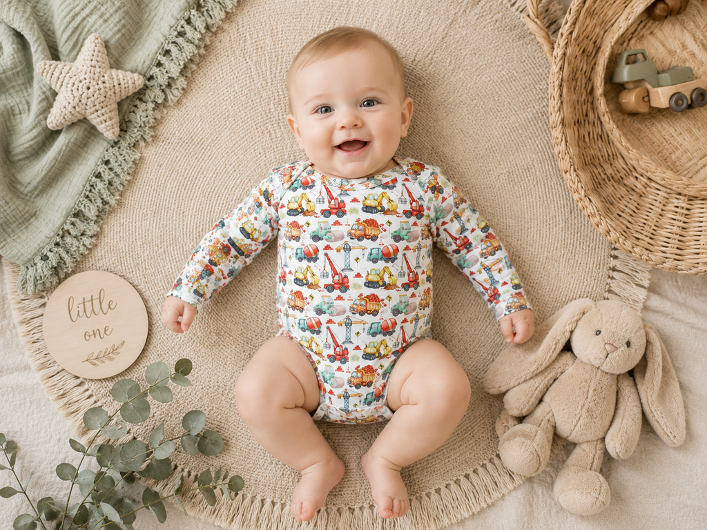 Construction print baby long sleeve bodysuit in GOTS organic cotton by Little Acres Co