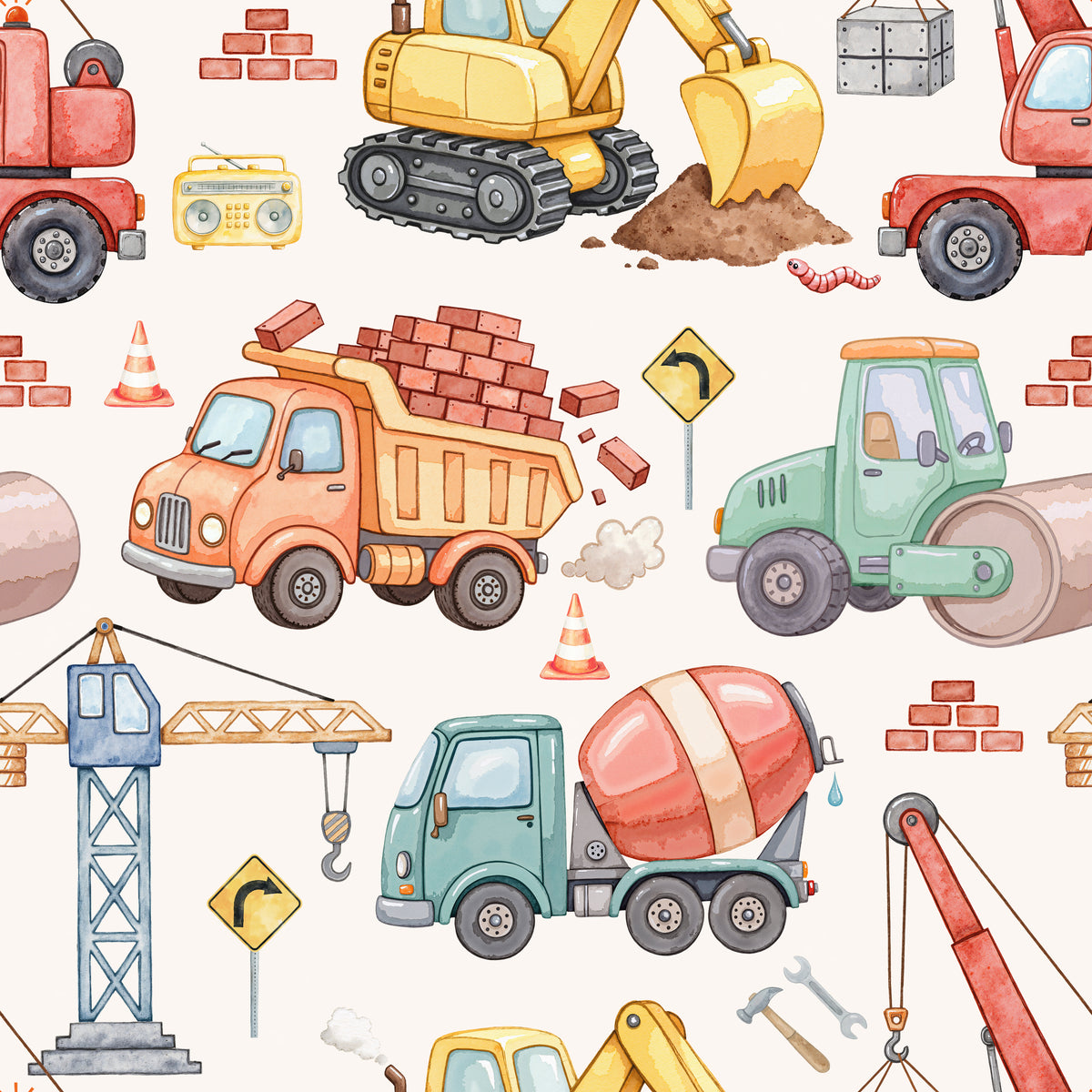 Pattern of colourful construction vehicles; dump trucks, cranes, rollers and diggers. A little boys dream shirt