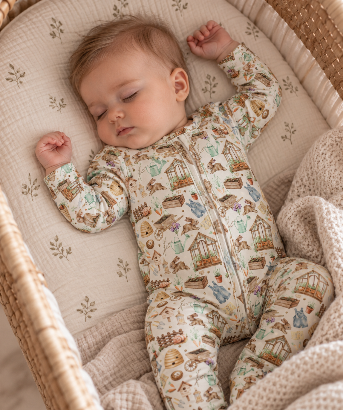 A sleeping baby wearing Little Acres co long-sleeve footless zip-up with their stunning garden print.