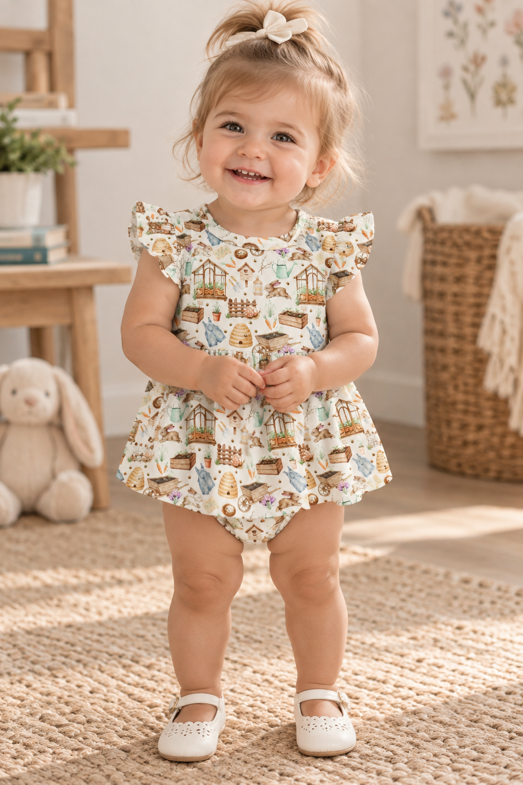 Baby wearing Little Acres Co garden print GOTS organic cotton nappy crotch dress