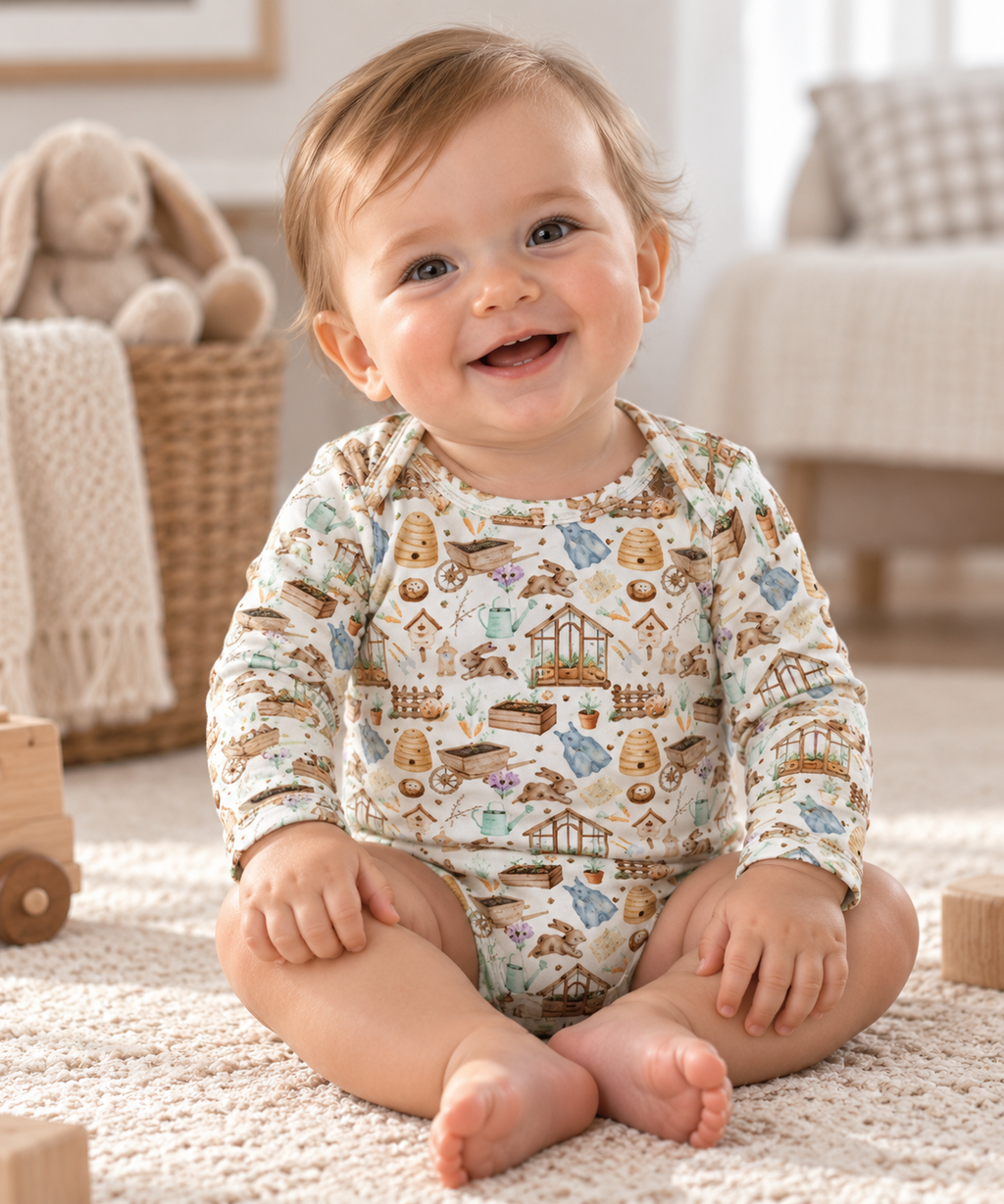 Baby wearing Little Acres Co garden print organic cotton long sleeve bodysuit. Australian brand 