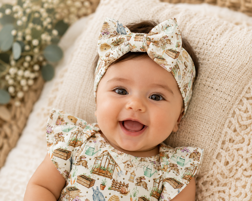 Baby wearing Little Acres Co garden print organic cotton bow