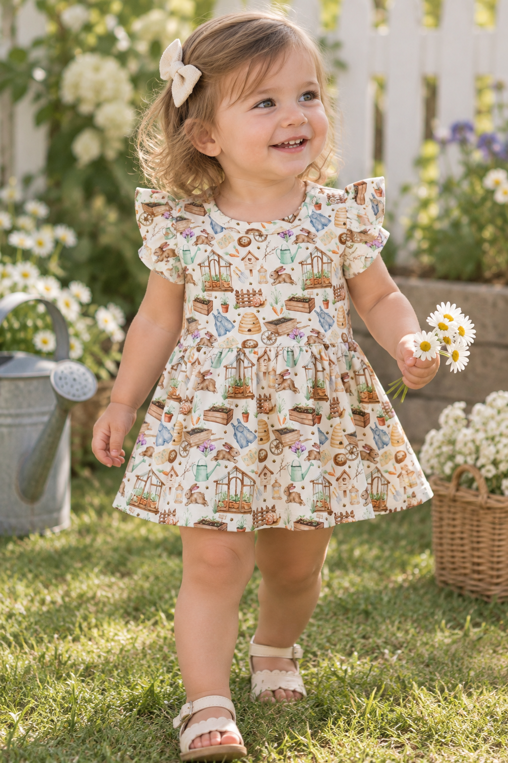 Girl wearing Little Acres Co garden print GOTS organic cotton dress. Australian brand