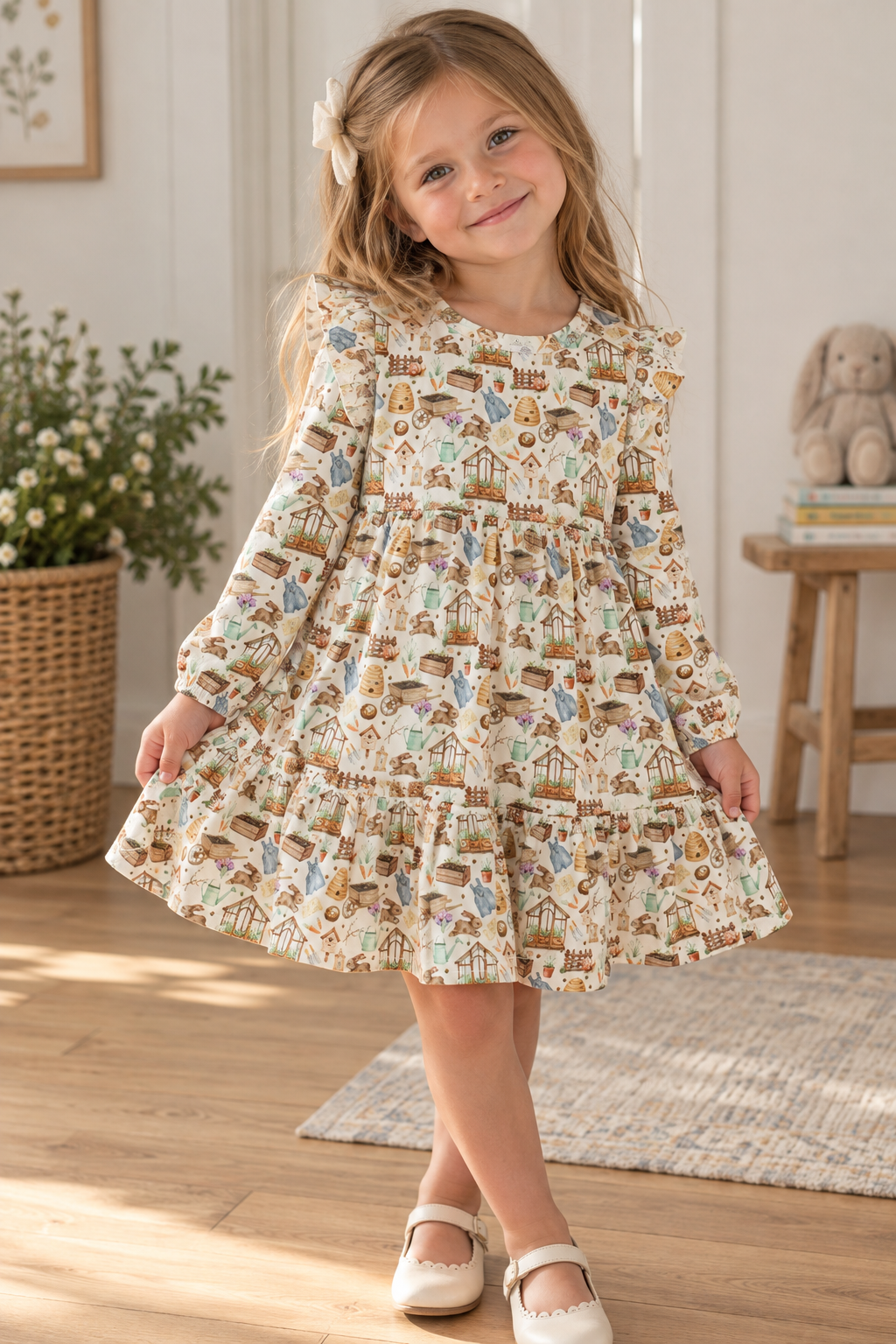 A young girl with blonde hair wearing a long-sleeved, tiered ruffle dress with a colorful picnic-themed print, standing in a bright, sunlit room with wooden floors.