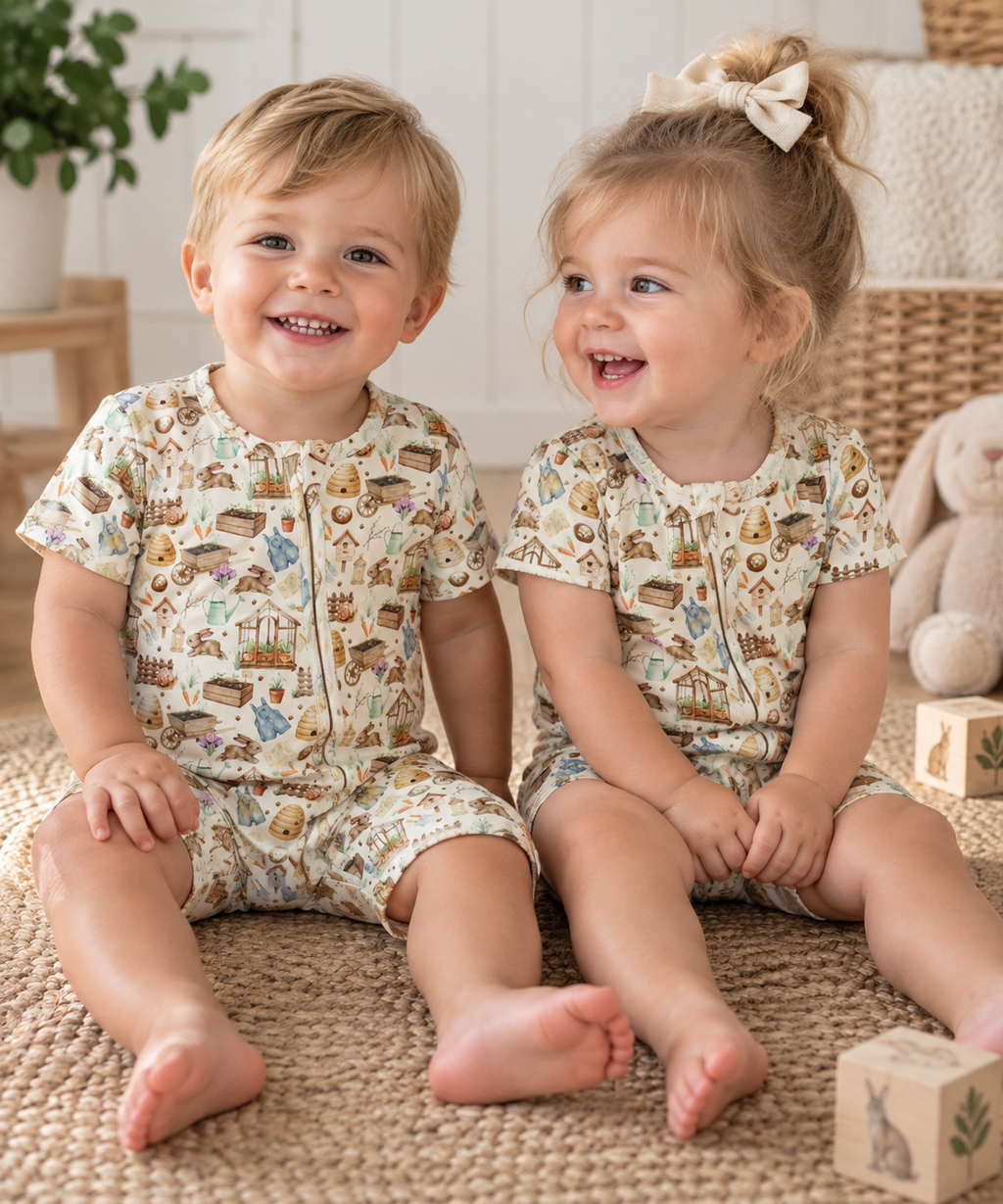 Boy and girl wearing Little Acres Co garden print organic cotton zip-up rompers