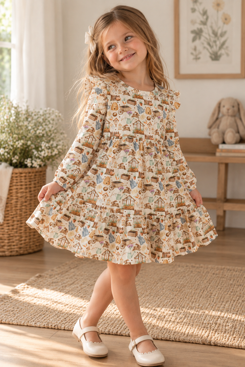Little Acres Co Garden Print Organic Dress for girls, made from 100% GOTS Certified Organic Cotton in our exclusive garden print.