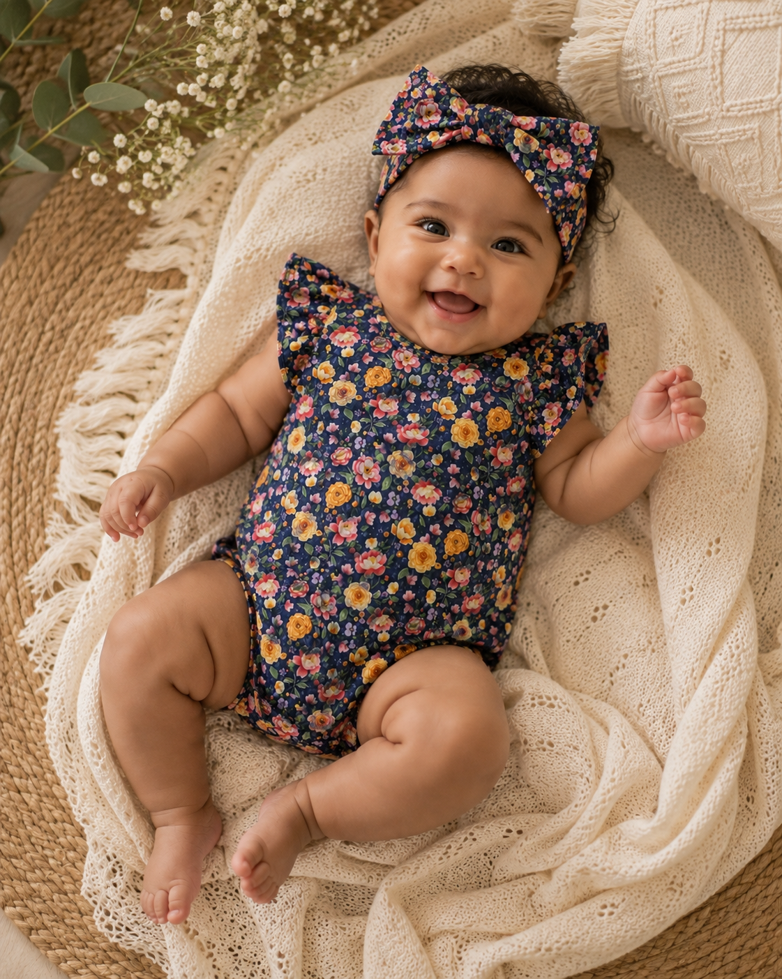 A smiling baby lying on a cream knit blanket, wearing Little Acres Co navy floral romper with ruffled sleeves and a matching bow headband.