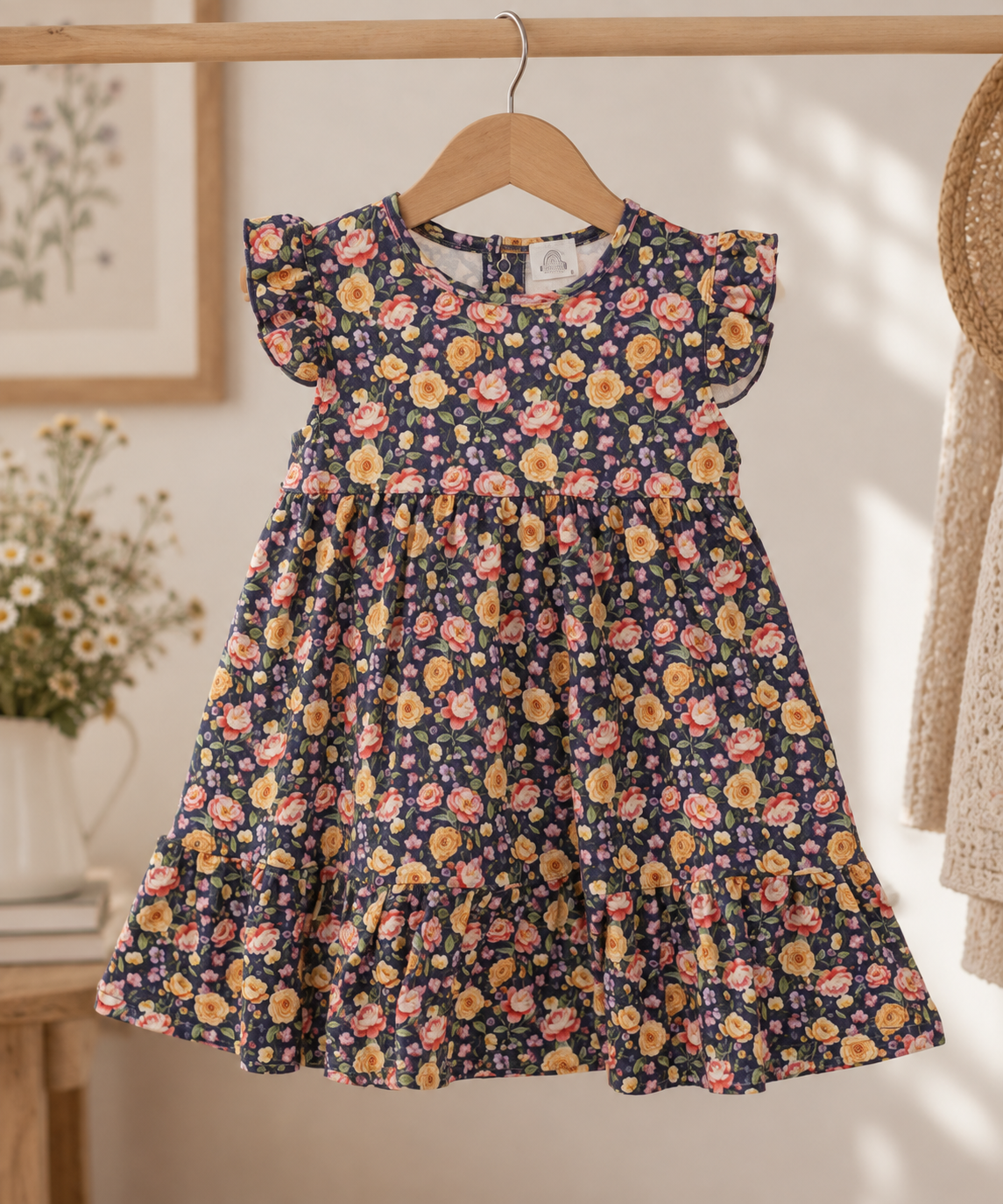 Little Acres Co navy floral girls dress in GOTS organic cotton on hanger