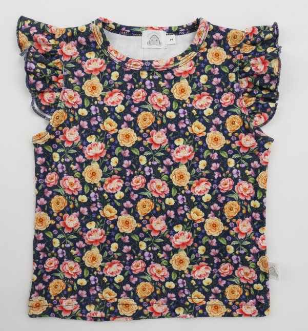 Little Acres Co navy floral kids t-shirt in GOTS organic cotton