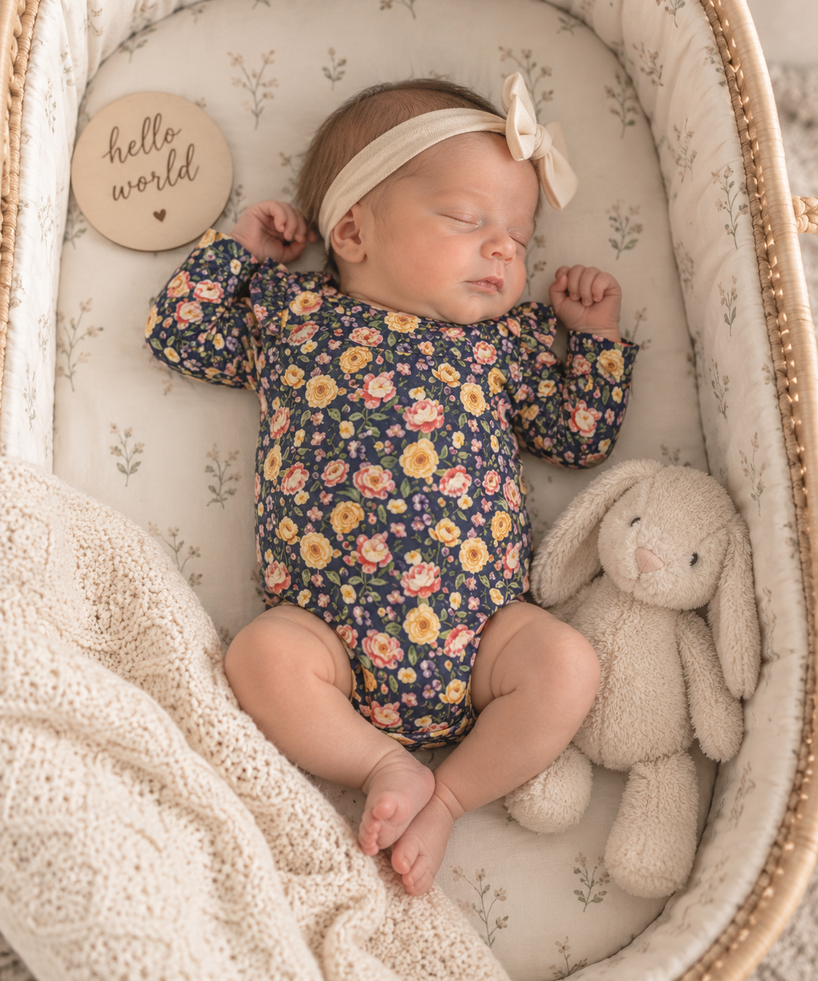 Sleeping baby wearing Little Acres Co navy floral organic cotton long sleeve bodysuit
