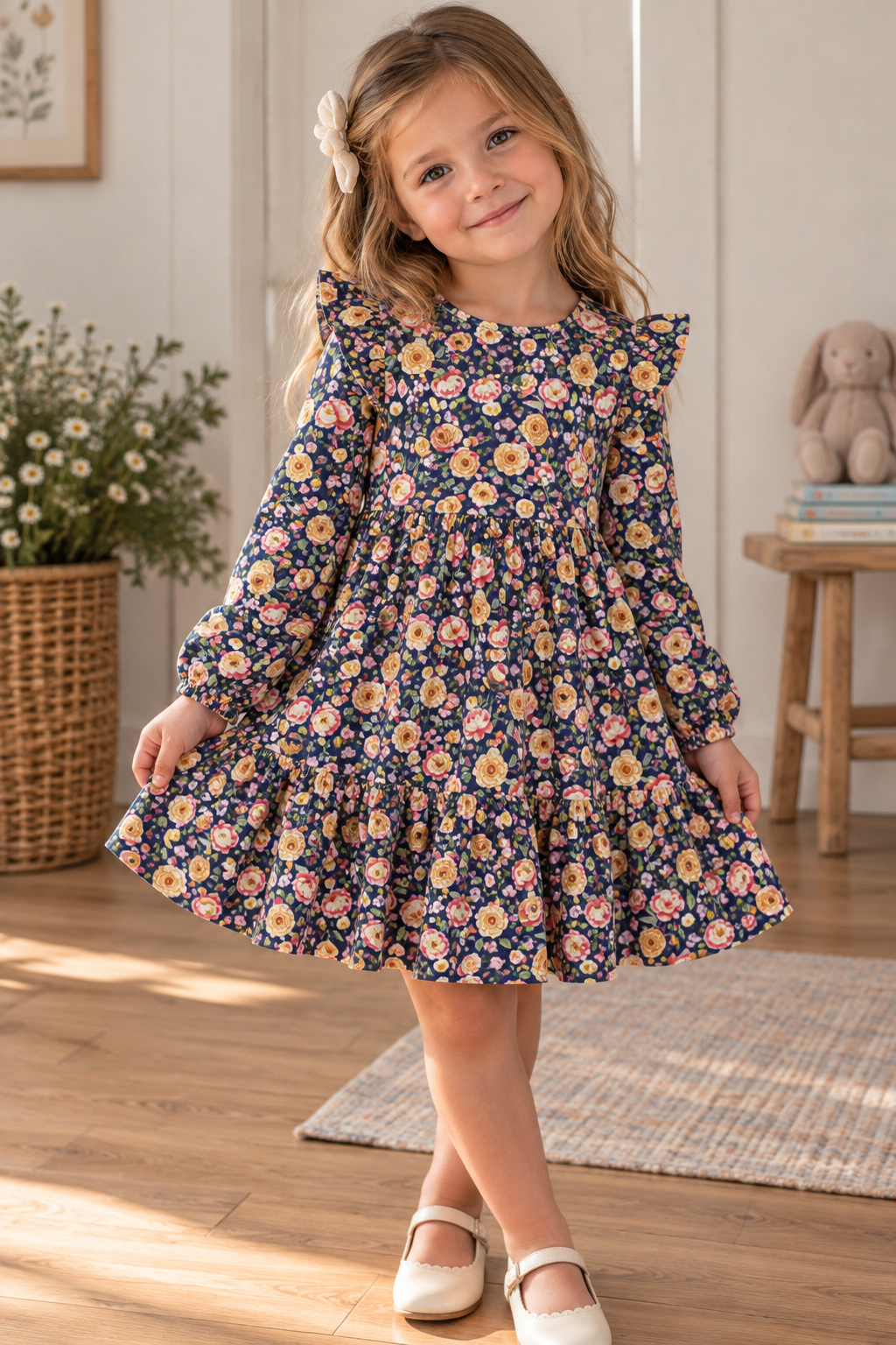 little Acres Co navy floral long sleeve organic cotton baby dress