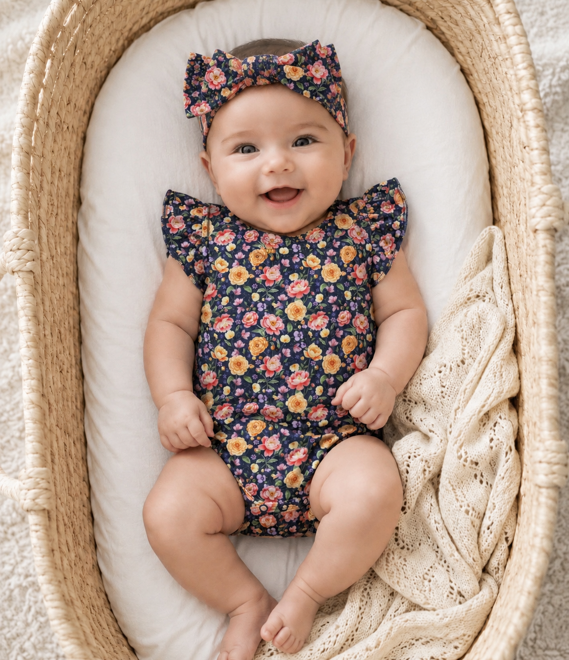 Baby wearing Little Acres Co navy floral organic cotton bodysuit