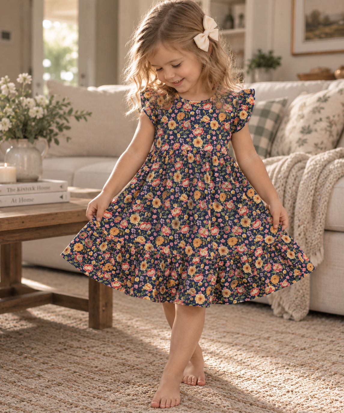 Girl wearing Little Acres Co navy floral organic cotton dress