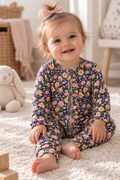 Baby girl wearing Little Acres Co navy floral ruffle organic cotton growsuit