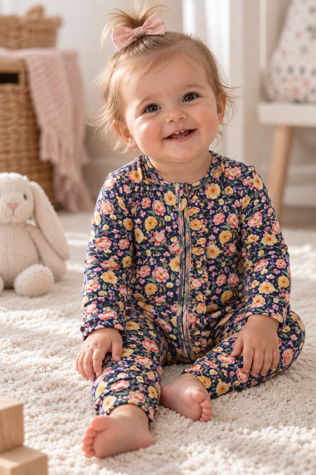 Baby girl wearing Little Acres Co navy floral ruffle organic cotton growsuit
