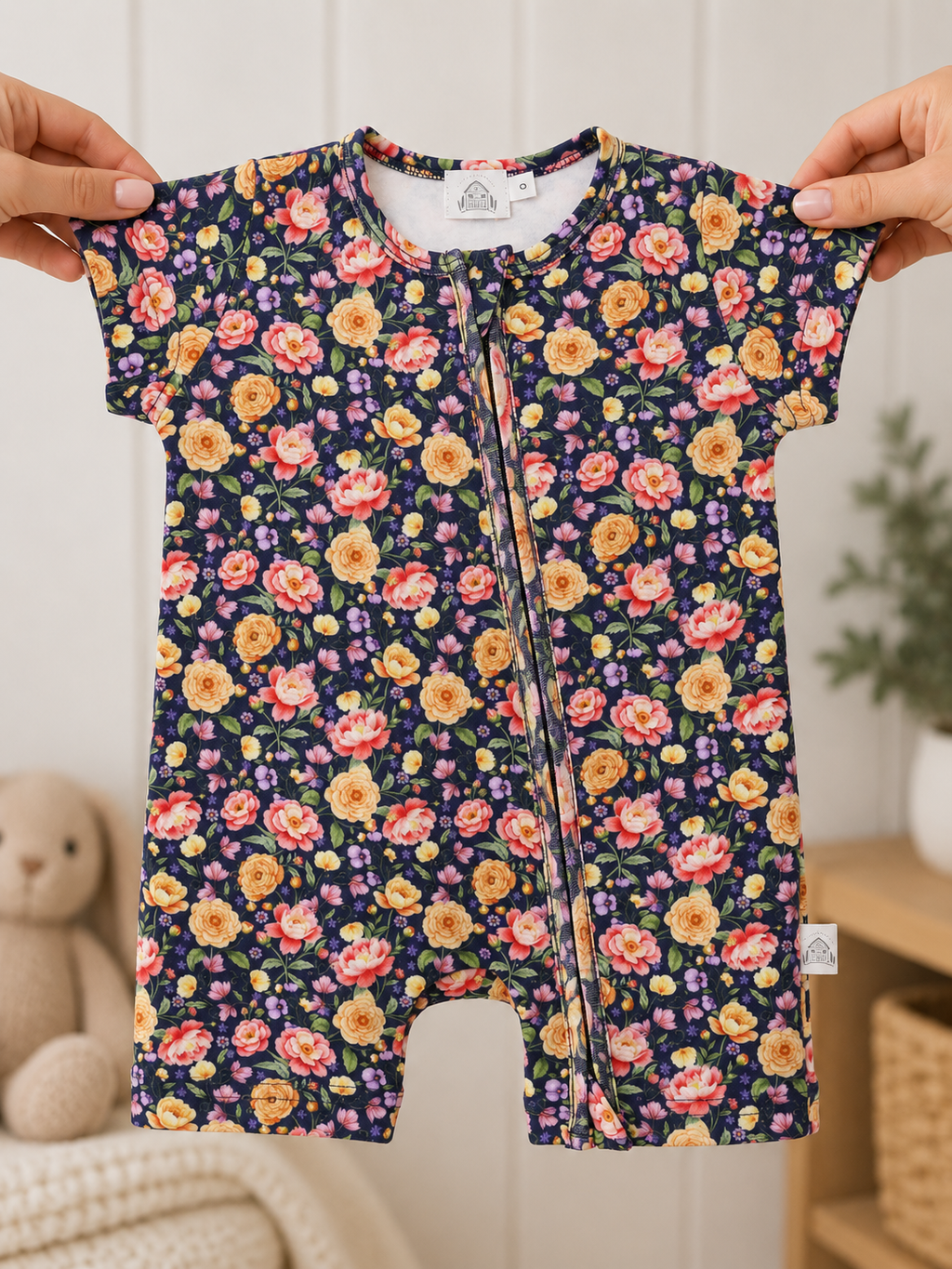 Little Acres Co short-sleeve romper with a colorful floral print on a dark navy background, held up by two hands.