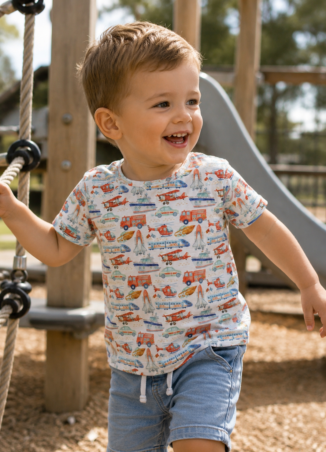 A young boy smiling and laughing on a playground, wearing a little Acres Co T-shirt which has a colorful pattern of airplanes, rockets, and cars on a white background.