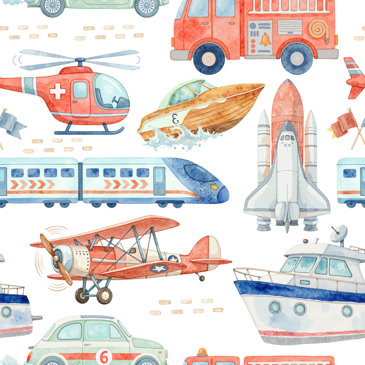 Pattern of colorful transportation vehicles including a helicopter, bus, airplane, and boat on a white background.