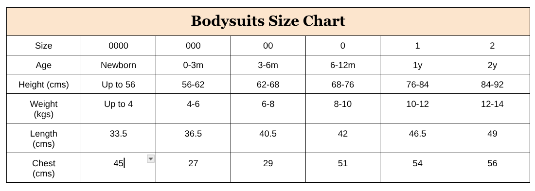 Bodysuits size chart with age, height, weight, and length measurements.