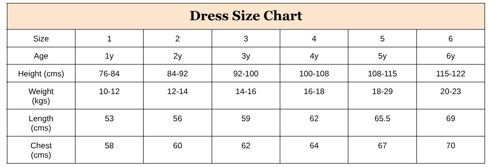 Dress size chart with age, height, weight, length, and chest measurements for children.