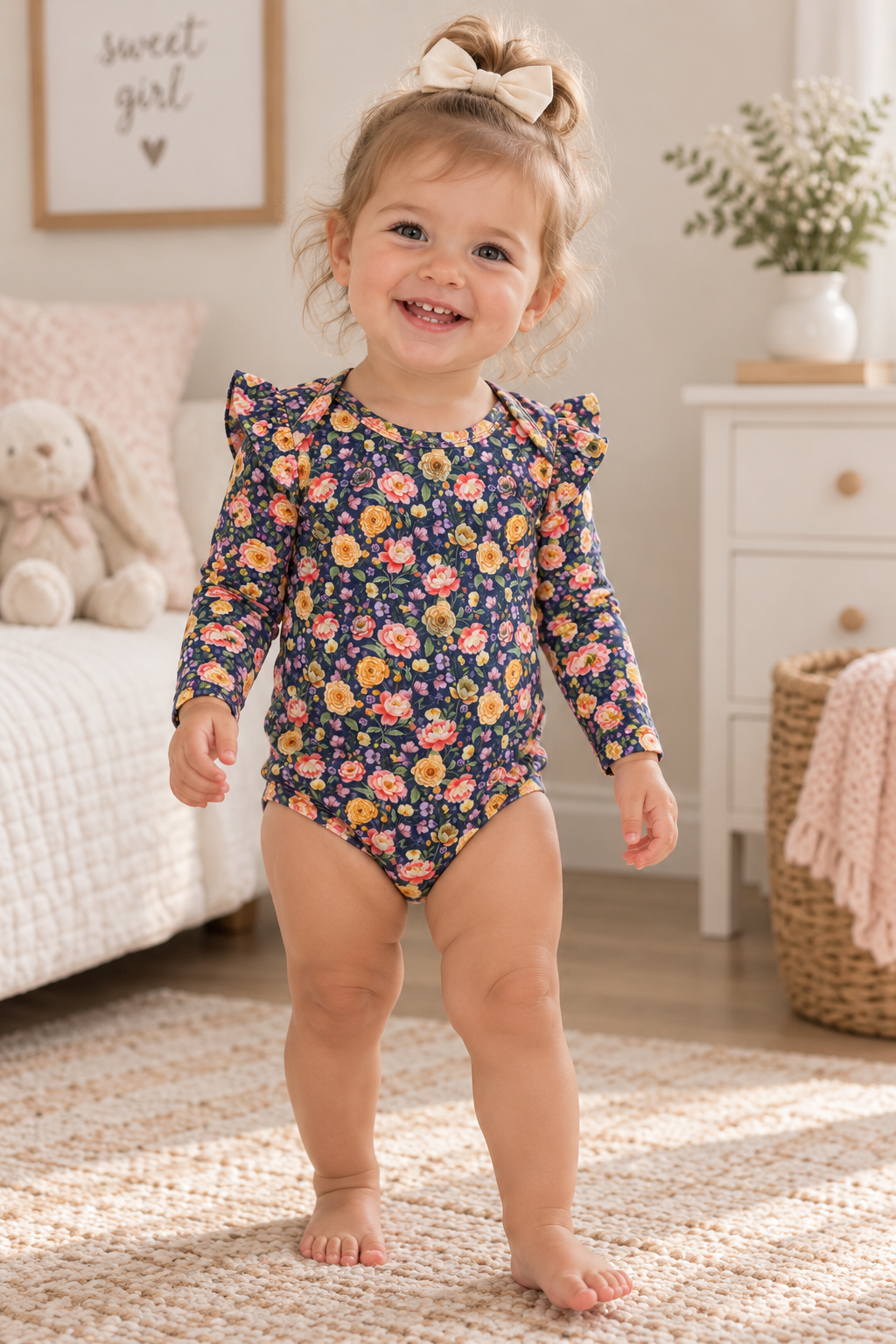 GOTS organic cotton floral navy body suit