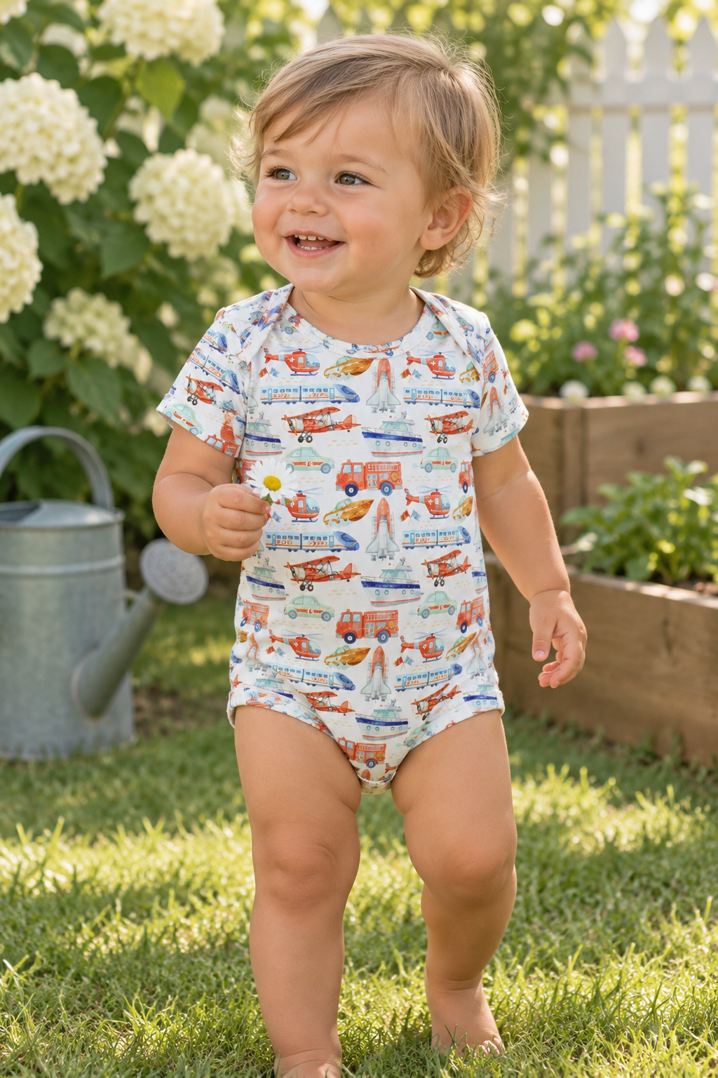 A toddler walking barefoot on a grassy lawn wearing Australian brand Little Acres Co transport print bodysuit made from 100% Organic Cotton.