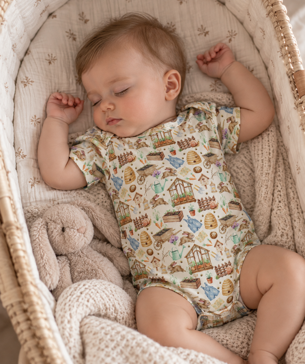 A sleeping baby wearing a short-sleeve garden print bodysuit from the company Little Acres Co