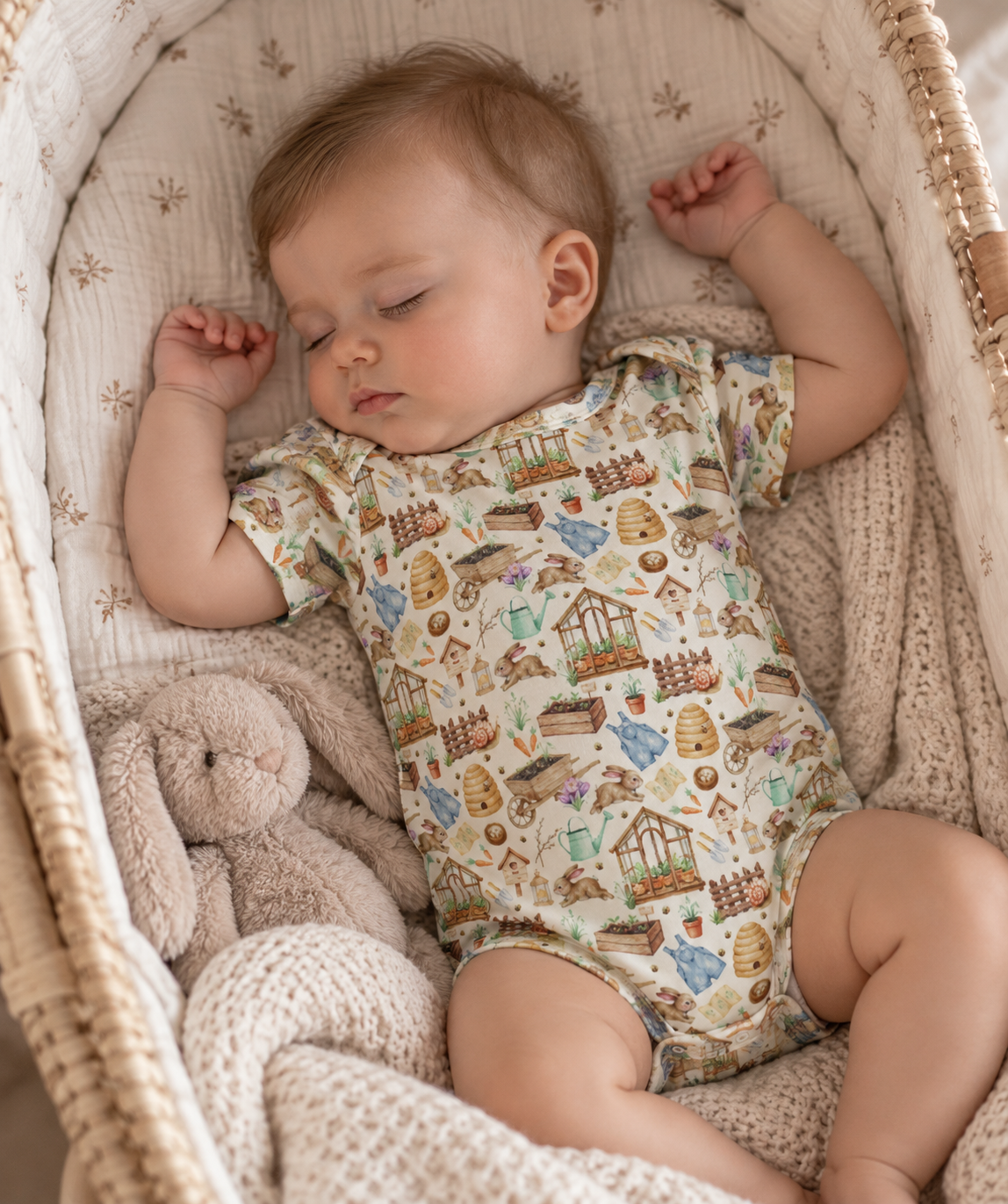 A sleeping baby wearing a short-sleeve garden print bodysuit from the company Little Acres Co