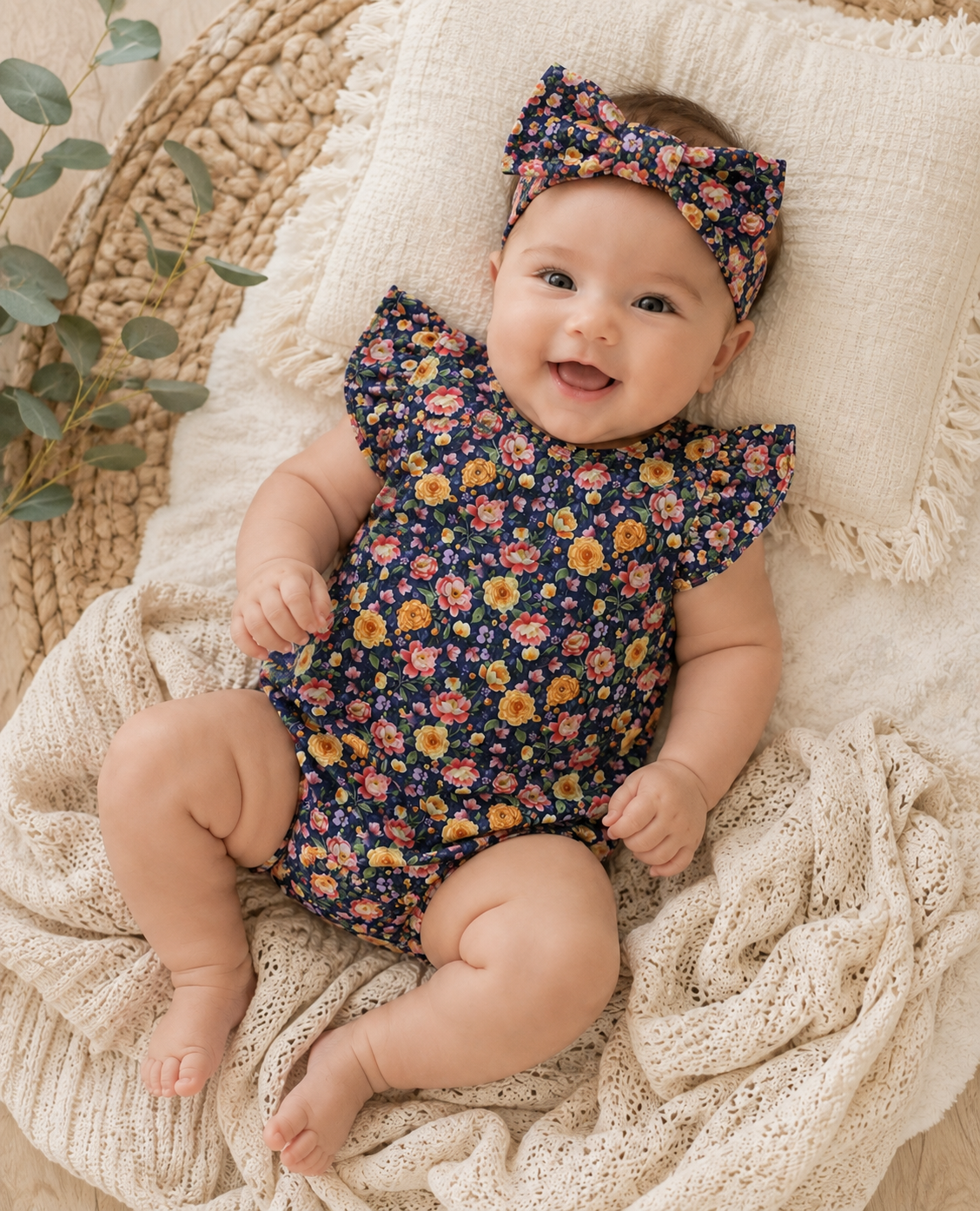 A baby lying on a cream knit blanket and woven mat, wearing Little Acres Co navy floral body with ruffled sleeves and a matching floral headband.