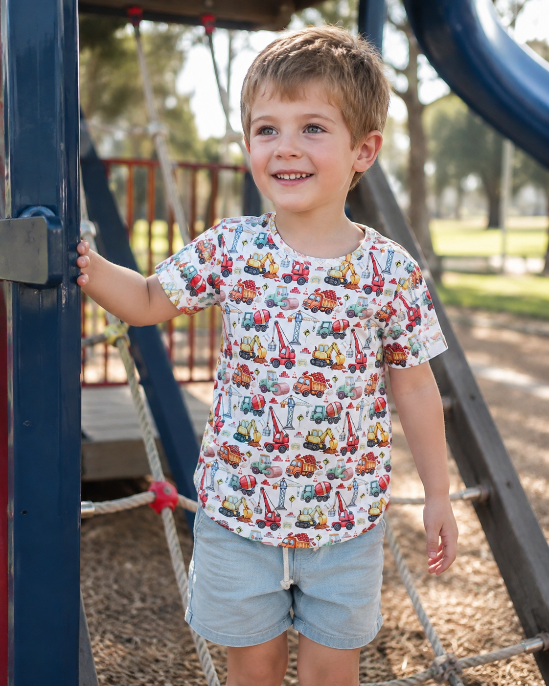 Little Acres Co boys organic cotton Construction T-shirt with trucks, cranes and excavators print.
